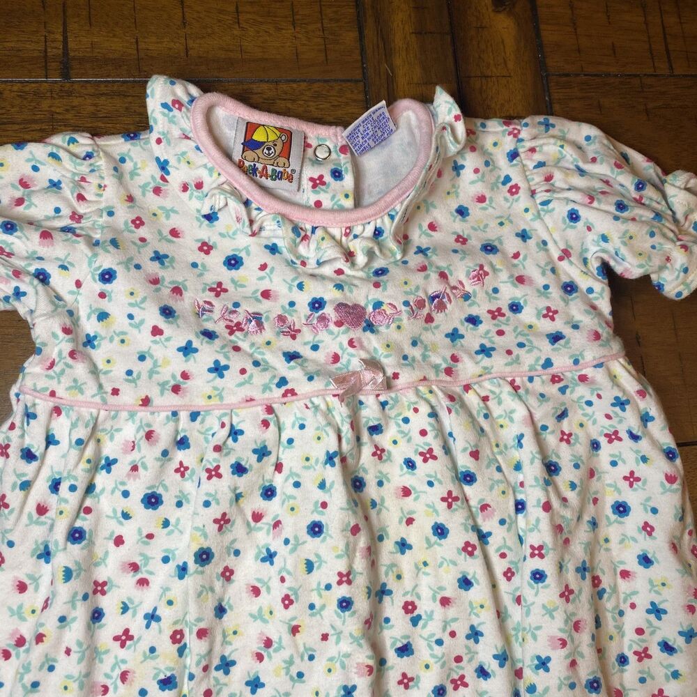 Vintage Peek-a-Babe Embroidered Floral Short Sleeve Dress With Bloomers Size 24M